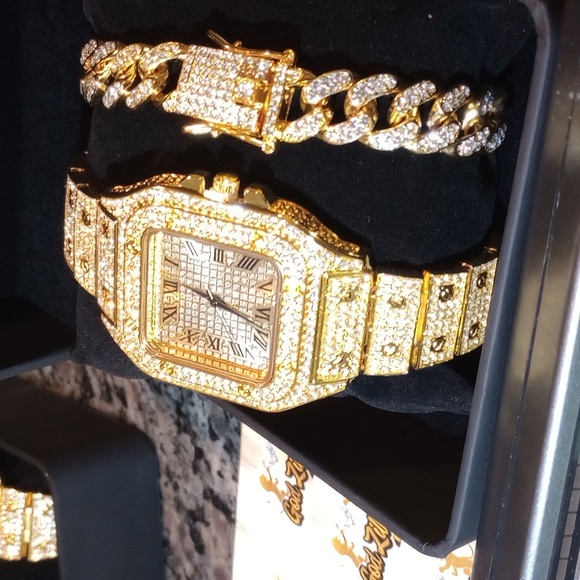 Millionaire Bracelet Watch & Bracelet set--- Real Lab Diamonds & 4x\'s Gold Plate